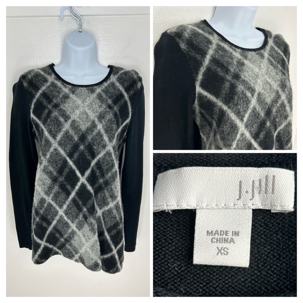 J. Jill Argyle Sweater Size Womens XS Wool Cotton Blend Black White Office‎